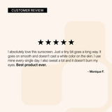 NEOVA Silc Sheer 2.0 - customer review card: image featuring five-star rating and testimonial describing smooth application, no white cast, and comfortable daily wear sunscreen
