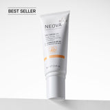 NEOVA Silc Sheer 2.0 in a white tube. The label describes it as a "Photo Finish Tint with DNA Repair Enzymes + Antioxidant" and categorizes it under an orange "Protection" banner. The tube features a white cap and contains 2.5 fl. oz. (74 ml) of product. It is shown standing on a white surface against a clean, bright minimalist background. A black "Best Seller" tag is shown in the upper left corner.