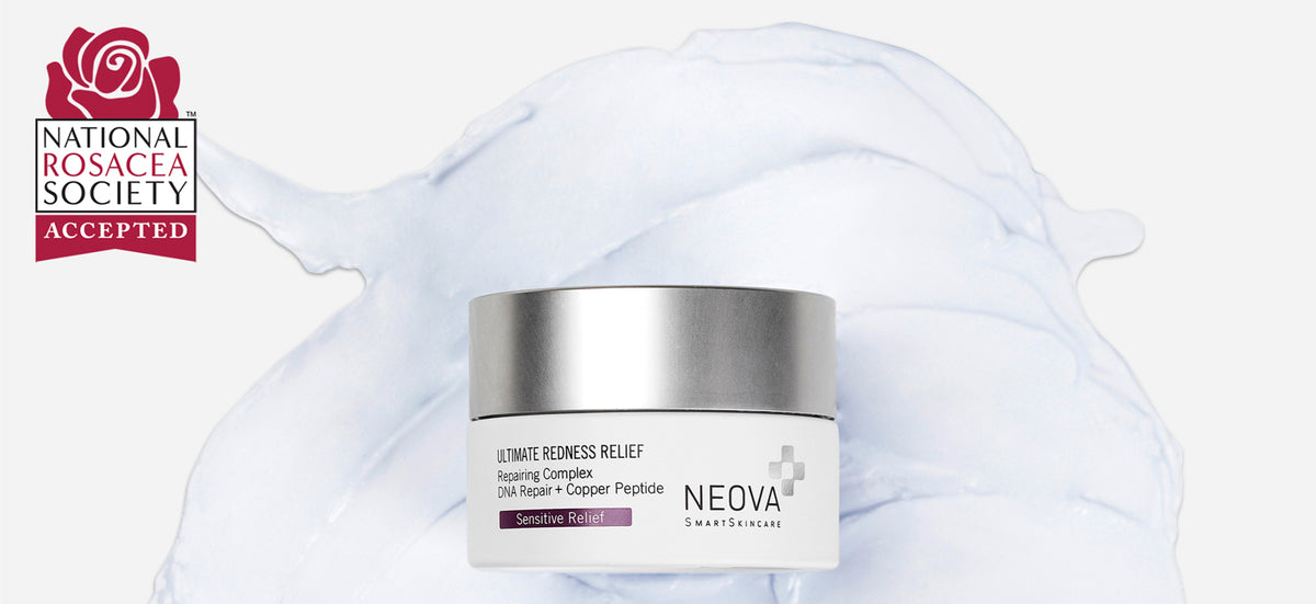 NEOVA - Subscriptions - Ultimate Redness Relief with the National Rosacea Society acceptance logo on a white background with a product smear; one of NEOVA's most subscribed products