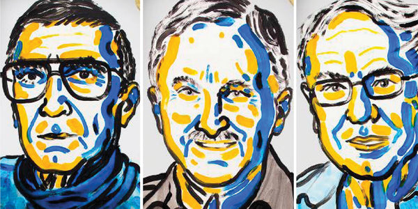 NEOVA - Timeline - 2015 - Three stylized portraits of founding scientists with a blue and yellow color scheme.