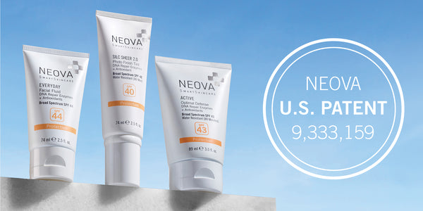 NEOVA - Timeline - 2016 - Three NEOVA sunscreens on a light surface with a blue gradient background, featuring the brand name and U.S. Patent 9,333,159.
