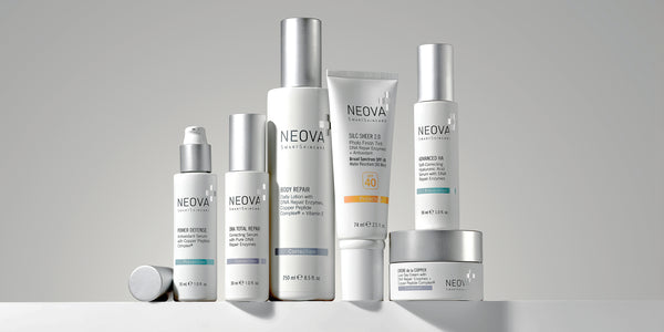 NEOVA - Timeline - 2019 - Various skincare products on a gray background