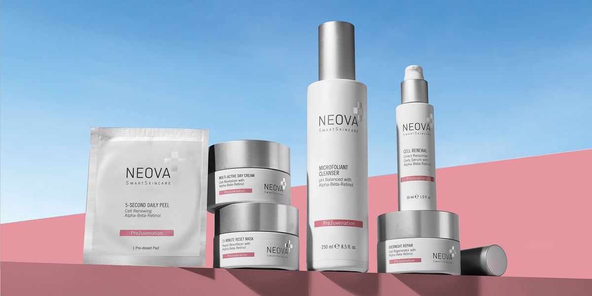 NEOVA - Timeline - 2022 - NEOVA Prejuvenation skincare products on a pink and blue gradient background