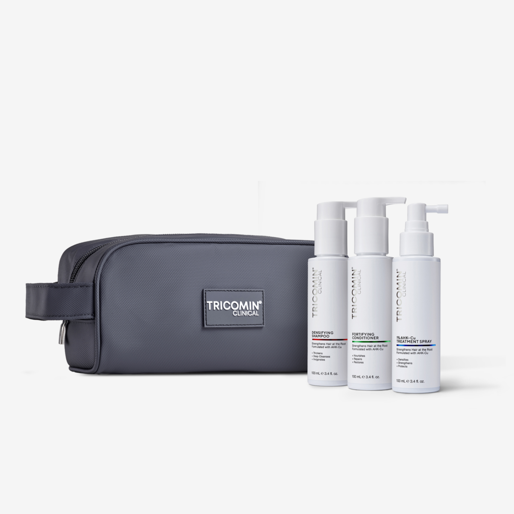 NEOVA Tricomin Travel System Kit featuring the Densifying Shampoo, Fortifying Conditioner, and 1% AHK-Cu Treatment Spray alongside a grey branded travel bag. This portable copper peptide hair care regimen is clinically formulated to strengthen thinning hair and promote scalp health while on the go.